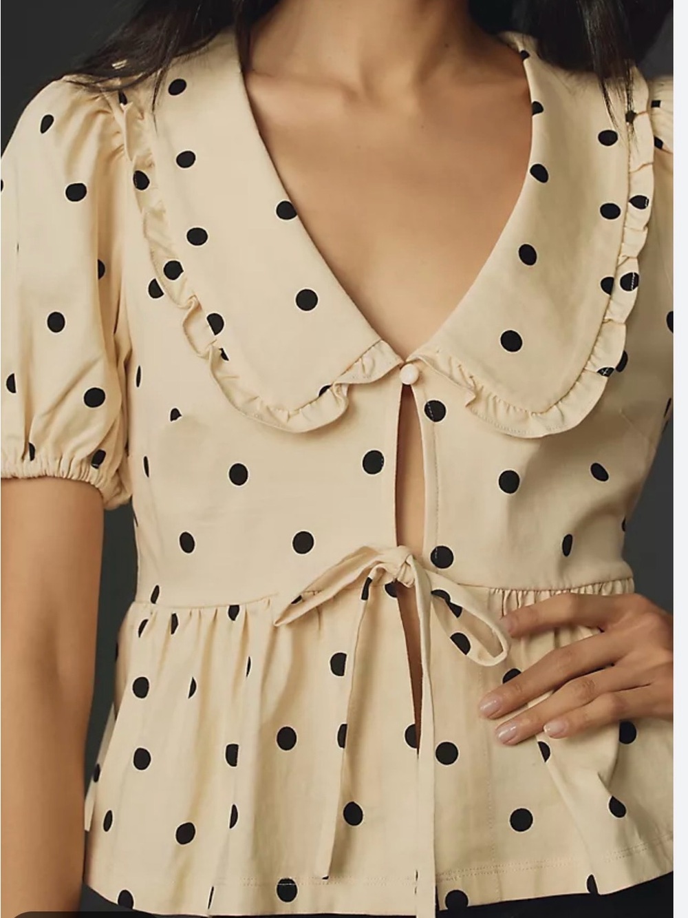Polka Dot Tie-Front Blouse with Peter Pan Collar - Beige/Black